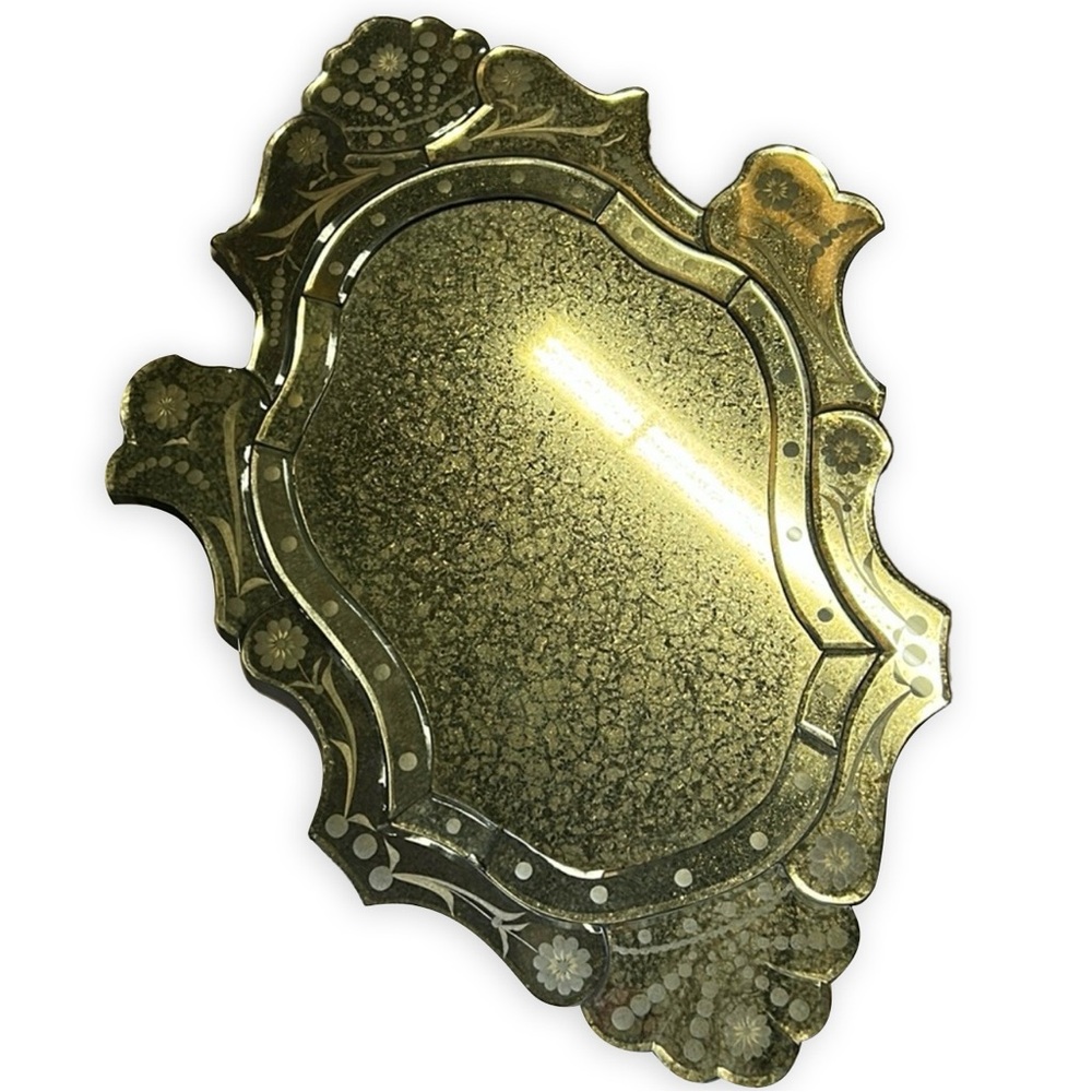 Reproduction antique Venetian style ornate  oval bevelled mirror on wood